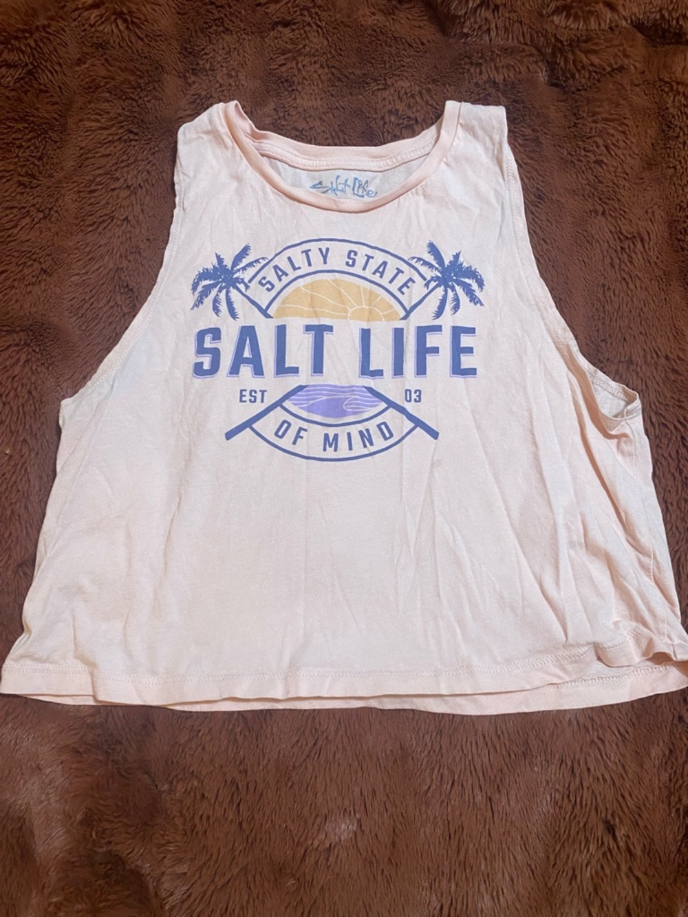 Salt Life Peach Cropped Graphic Tank with Blue & Yellow Print